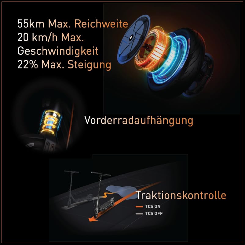 Segway-Ninebot F2 Pro D, E-Scooter mit Straßenzulassung für Erwachsene, max. 20 km/h Geschwindigkeit, 55 km Reichweite, Lange Reichweite