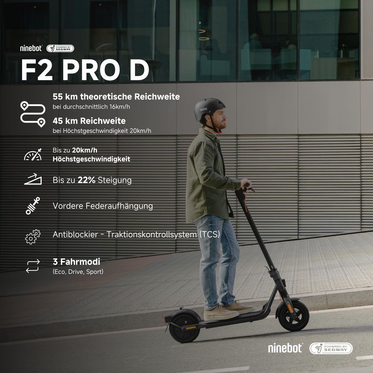 Segway-Ninebot F2 Pro D, E-Scooter mit Straßenzulassung für Erwachsene, max. 20 km/h Geschwindigkeit, 55 km Reichweite, Lange Reichweite