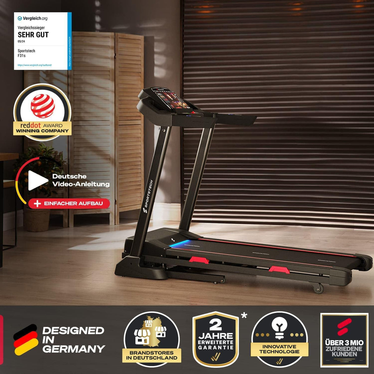 Sportstech, Laufband für Zuhause klappbar + 15-stufige Steigung F31s